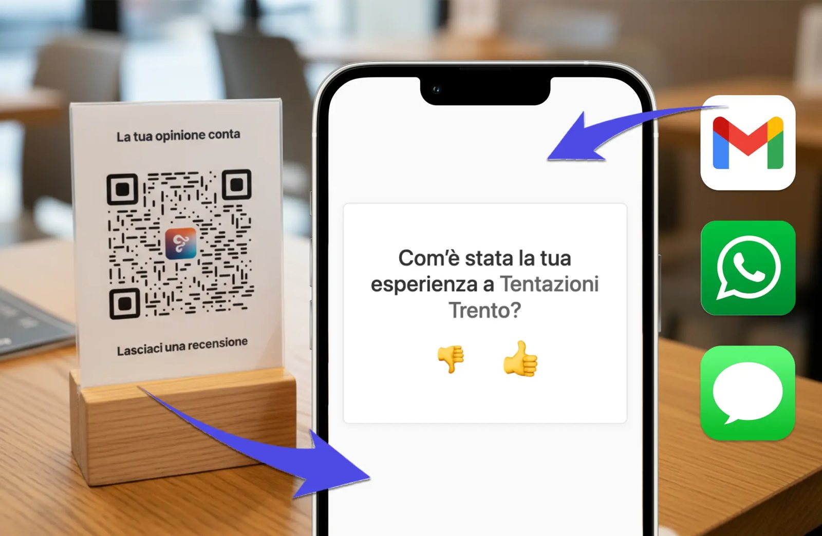 QR code per le recensioni sul tavolo e smartphone con la pagina di smistamento