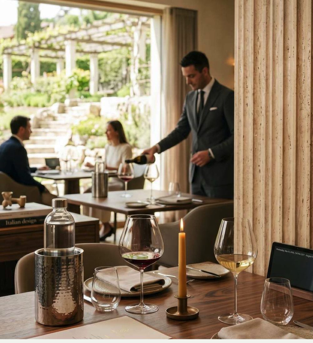 Tavolo di ristorante con bottiglia d'acqua in vetro