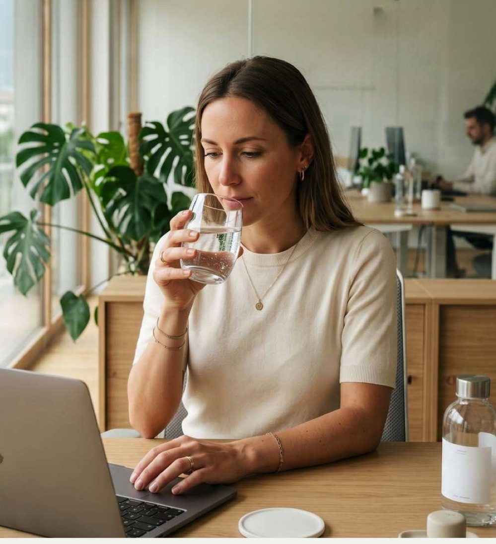 Donna che beve un bicchiere d'acqua alla scrivania in ufficio